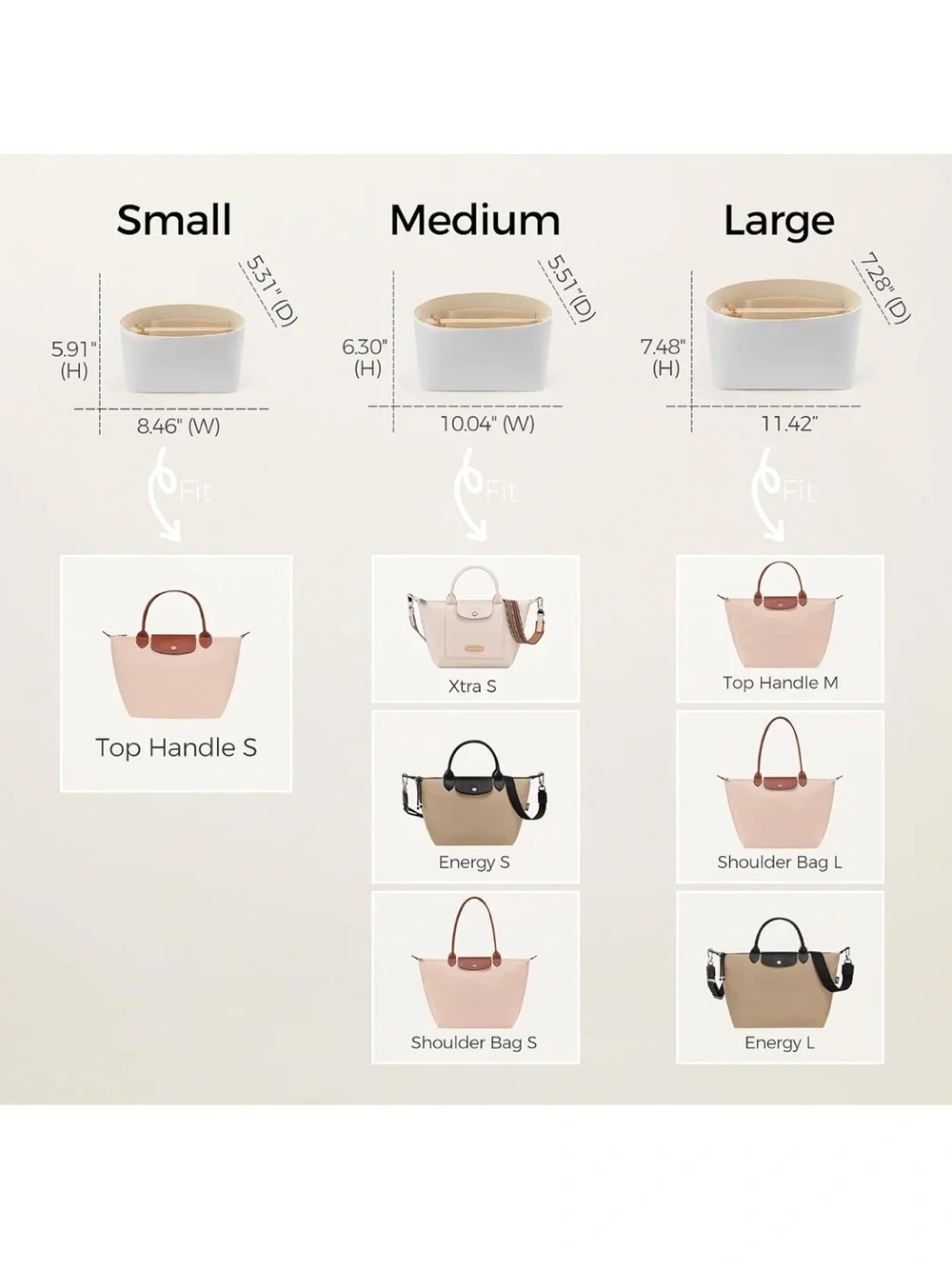 Insert For Handbags For Le Pliage, Ultra-light Waterproof DupontPaper Upgraded